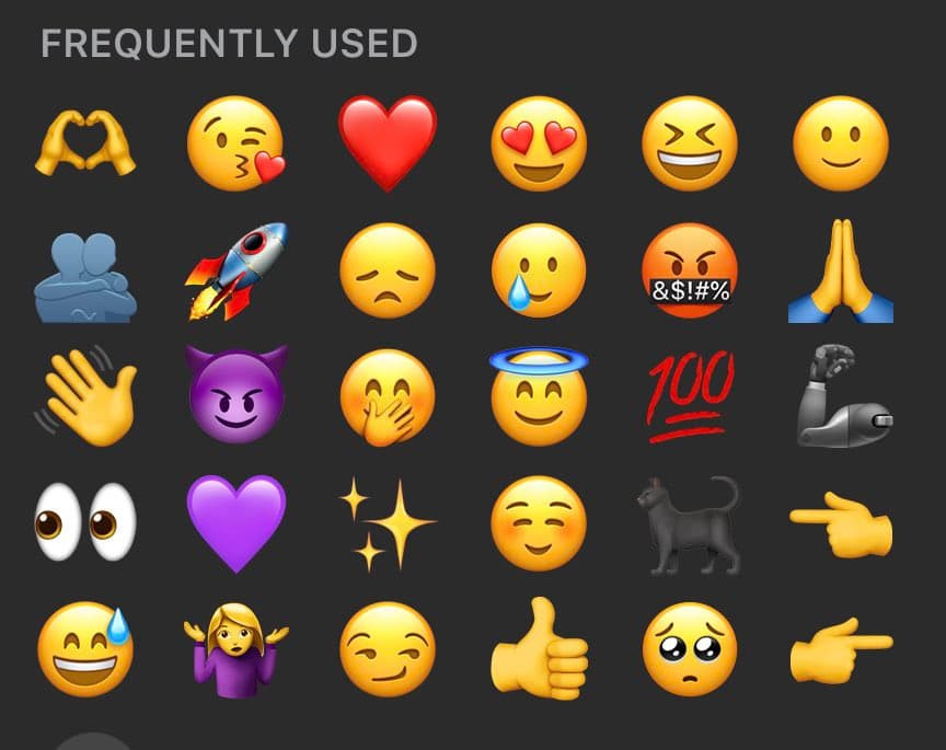 A screenshot of a smartphone's 'Frequently Used' emoji keyboard, displaying a grid of 30 popular emojis on a dark background. The emojis include various faces, hearts, hands, and symbols such as a rocket, a cat, and a 100-point sign.