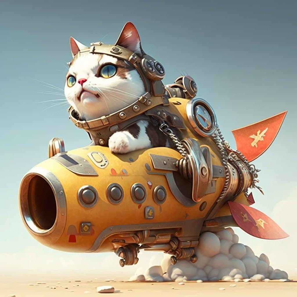 A digital illustration of a white and brown cat wearing a steampunk-style helmet and harness, piloting a yellow, rocket-shaped vehicle that is launching with a cloud of smoke. The vehicle features metallic details, rivets, and red fins with a star emblem, set against a clear blue sky and sandy ground.