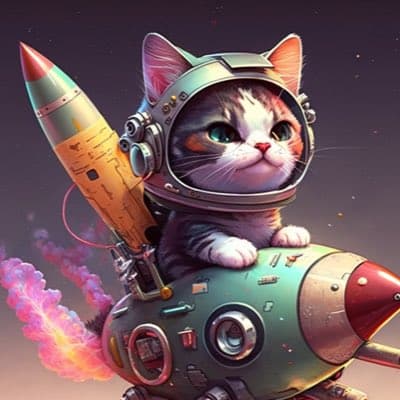 A digital illustration of a tabby cat wearing a space helmet and riding a small rocket ship against a starry background. The rocket has a retro-futuristic design with visible thrusters emitting pink smoke.