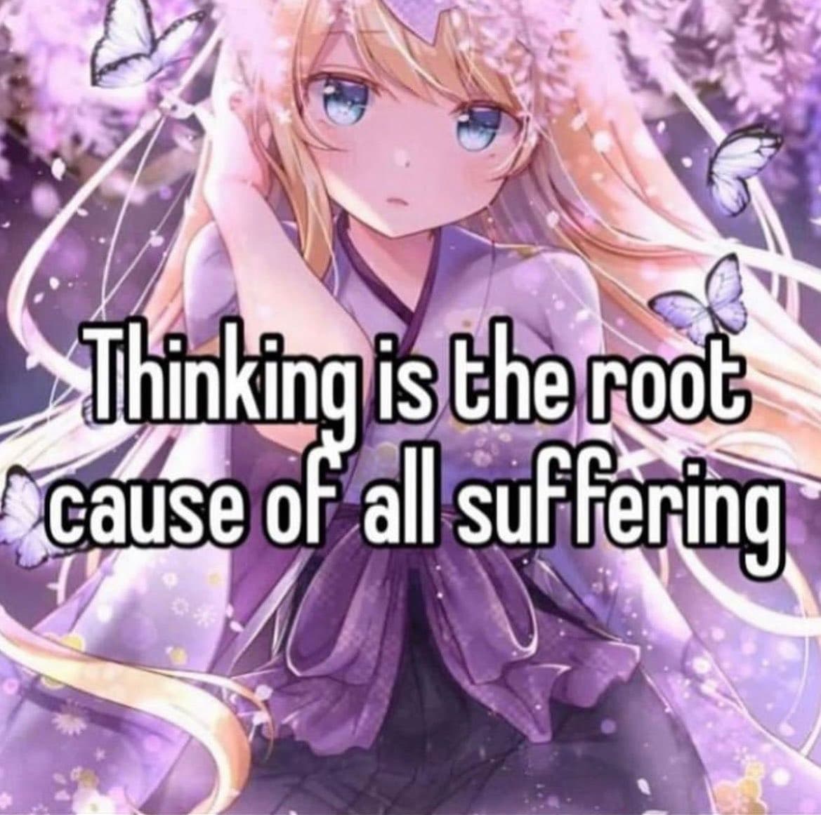 A text-bearing image featuring an anime-style illustration of a young woman with long blonde hair and a purple outfit, surrounded by butterflies and flowers. White text with a black outline is overlaid on the center of the image.