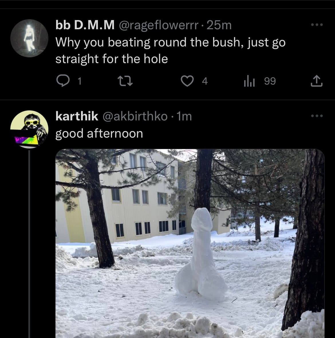 A screenshot of a Twitter conversation where a user replies to a tweet with a photo of a crudely built, phallic-shaped snowman in a snowy yard. The reply text reads 'good afternoon'.