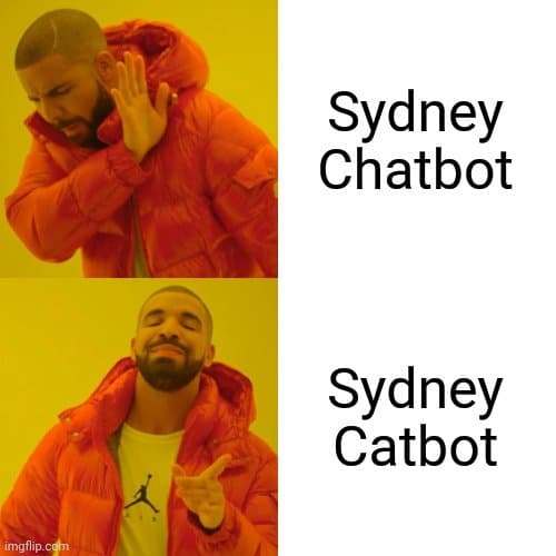 A two-panel meme featuring a man in an orange puffer jacket. The top panel shows him with a hand to his ear and a serious expression, labeled 'Sydney Chatbot'. The bottom panel shows him smiling and gesturing, labeled 'Sydney Catbot'.