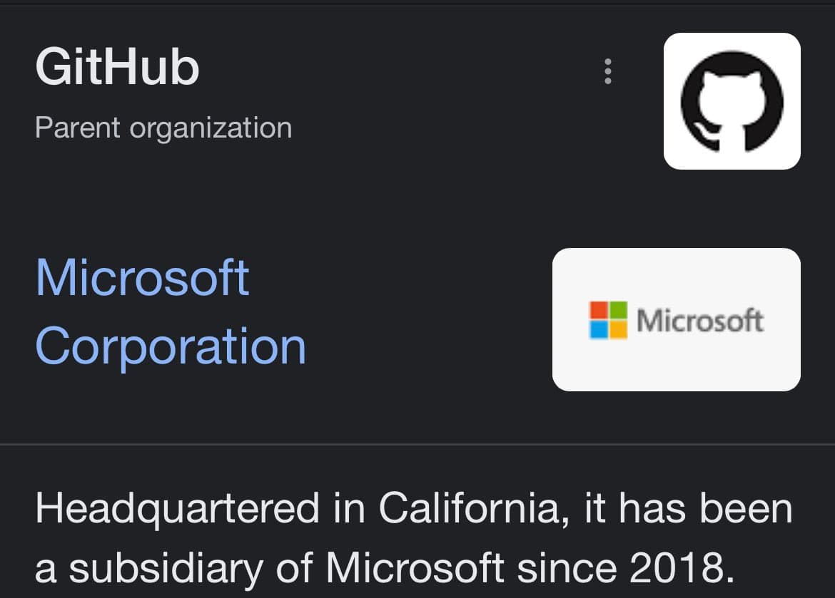 A screenshot of a mobile app interface showing GitHub's parent organization. The screen displays the GitHub logo and name, followed by a link to Microsoft Corporation with its logo, and a text snippet about GitHub's history.