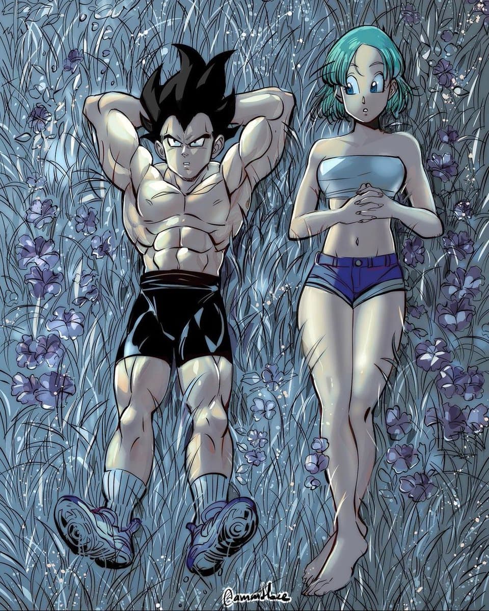 A digital illustration in an anime style depicting a muscular, shirtless man with spiky black hair and a woman with short teal hair lying side-by-side in a field of tall grass and purple flowers. The man wears black shorts and sneakers, while the woman wears a white tube top and blue shorts.
