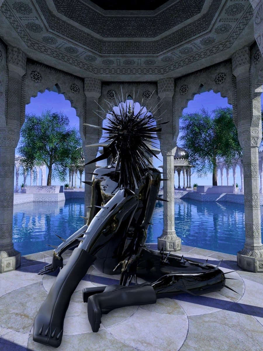 A 3D digital rendering of a glossy, black humanoid figure with a spiky, thorn-like head and limbs, sitting slumped on the tiled floor of an ornate, open-air pavilion. The structure features intricate geometric patterns and arched columns surrounding a reflecting pool, with trees visible in the background under a blue sky.