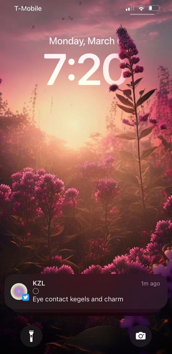 A screenshot of a smartphone lock screen displaying a sunset wallpaper with purple flowers, the time 7:20, and a notification from a user named KZL. The notification reads "Eye contact kegels and charm".