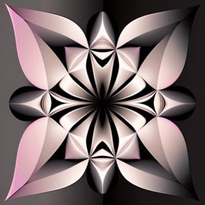 A digital abstract image featuring a symmetrical, kaleidoscopic pattern of petal-like shapes in shades of pink, white, and black against a dark background. The design has a smooth, three-dimensional appearance with soft gradients and highlights.