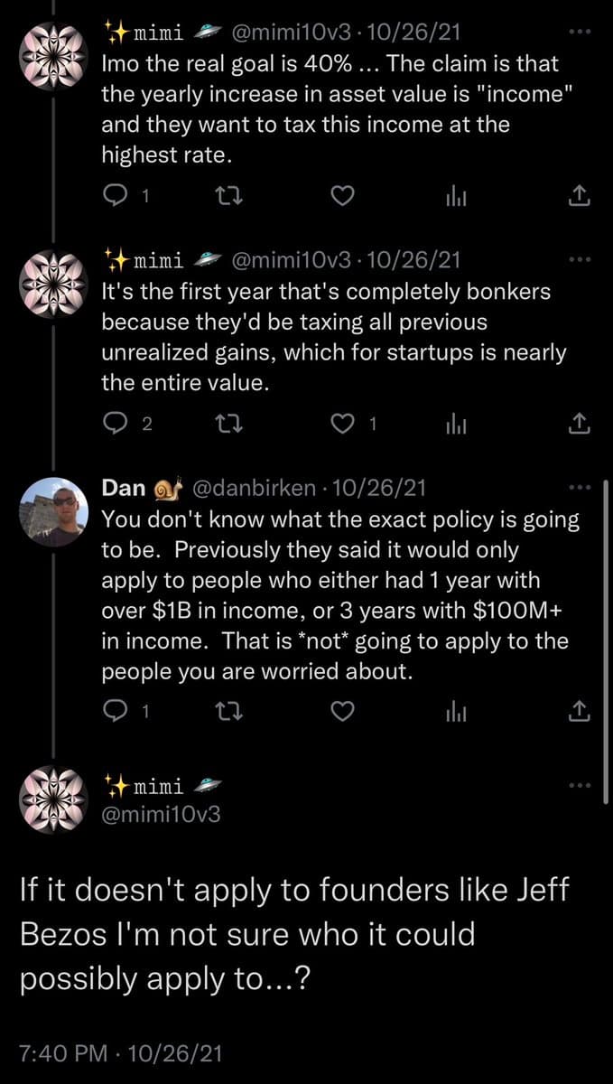 A screenshot of a Twitter conversation between users @mimi10v3 and @danbirken discussing a proposed tax policy on asset value increases. The thread includes multiple tweets with timestamps from 10/26/21.
