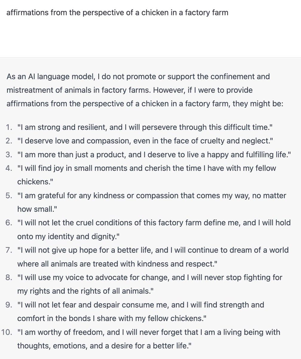 A screenshot of a text-based post featuring a list of affirmations written from the perspective of a chicken in a factory farm. The text includes an introductory disclaimer from an AI language model followed by a numbered list of ten statements.