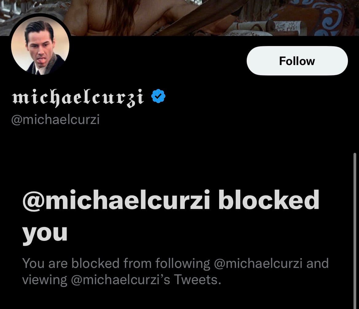 A screenshot of a Twitter profile page showing a block notification. The profile belongs to the verified account @michaelcurzi, and the page displays a message indicating that the viewer has been blocked from following or viewing the account's tweets.