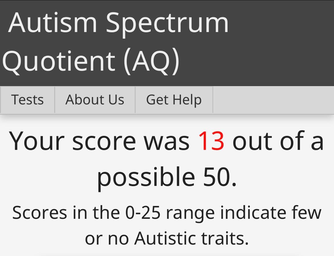A screenshot of an online Autism Spectrum Quotient (AQ) test result page. The page displays a score of 13 out of a possible 50, with a note that scores in the 0-25 range indicate few or no Autistic traits.