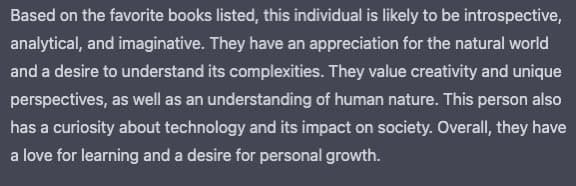 A screenshot of a text block on a dark background, likely a personality analysis generated by an AI chatbot.