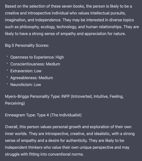 A screenshot of a text-based personality profile generated from a list of seven books. The profile includes a descriptive paragraph, Big 5 personality scores, Myers-Briggs type (INFP), and Enneagram type (Type 4).