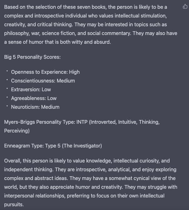 A screenshot of a text-based personality analysis, likely from a social media post or app, detailing psychological traits based on book selections. The text includes a narrative summary, a list of Big 5 personality scores, and specific Myers-Briggs and Enneagram type classifications.