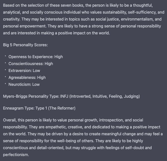 A screenshot of a text-based personality analysis, likely from a chat application or social media post, displayed on a dark background. The text describes a person's personality traits based on book selections and lists their Big 5 scores, Myers-Briggs type (INFJ), and Enneagram type (Type 1).