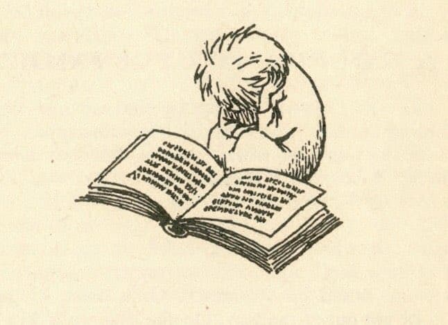 A black-and-white line drawing of a person with their head resting on an open book, appearing to be asleep or exhausted while studying. The book's pages contain illegible scribbles representing text.