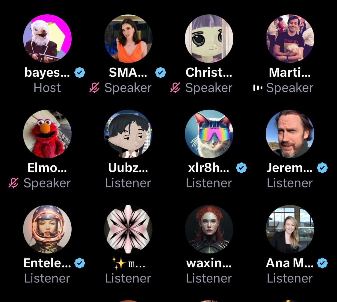 A screenshot of a Twitter Spaces participant list, showing a grid of twelve circular profile pictures with usernames and roles (Host, Speaker, or Listener) below each. The post context refers to this as the 'Algonquin round table'.