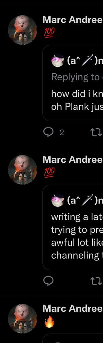 A screenshot of a Twitter conversation showing a user named Marc Andreessen replying to another user. The replies are partially cut off on the right side of the screen.