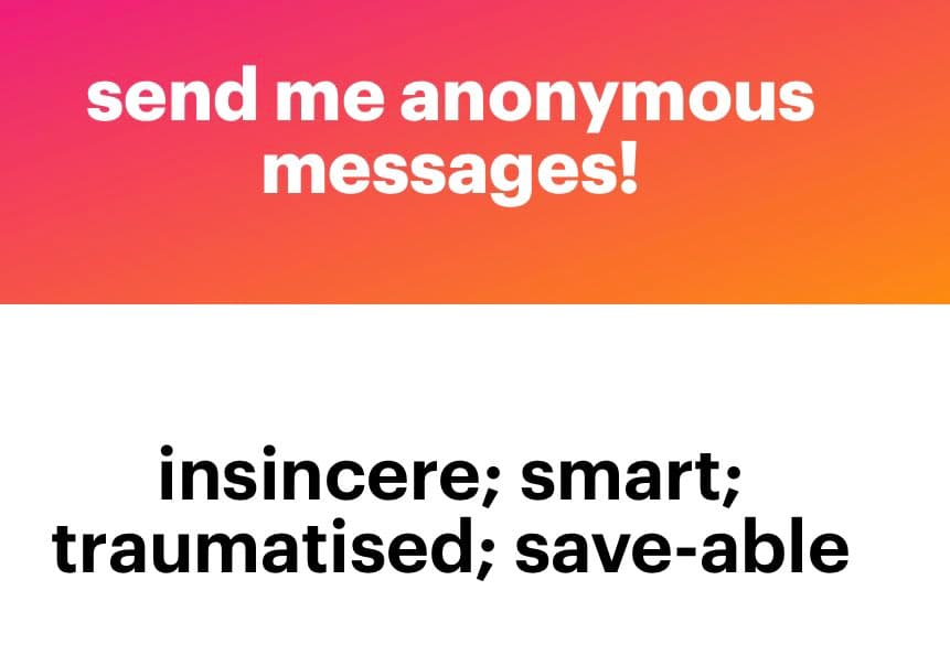 A text-based image with a pink-to-orange gradient top section and a white bottom section. The top section contains white text reading 'send me anonymous messages!' and the bottom section contains black text reading 'insincere; smart; traumatised; save-able'.