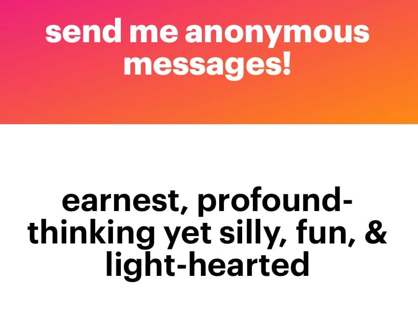 A two-panel graphic with a pink-to-orange gradient top section and a white bottom section, each containing centered text. The top text is in white and the bottom text is in black.