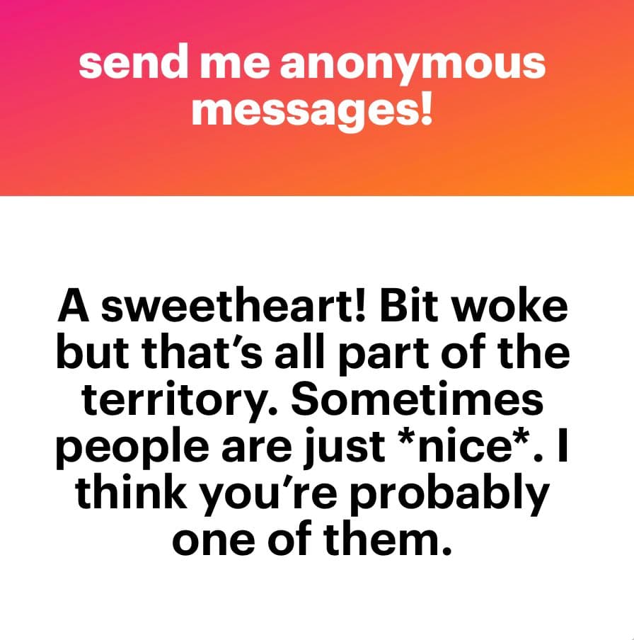 A text-based image with a pink-to-orange gradient header and a white body. The header contains a call to action, and the body contains a response message.