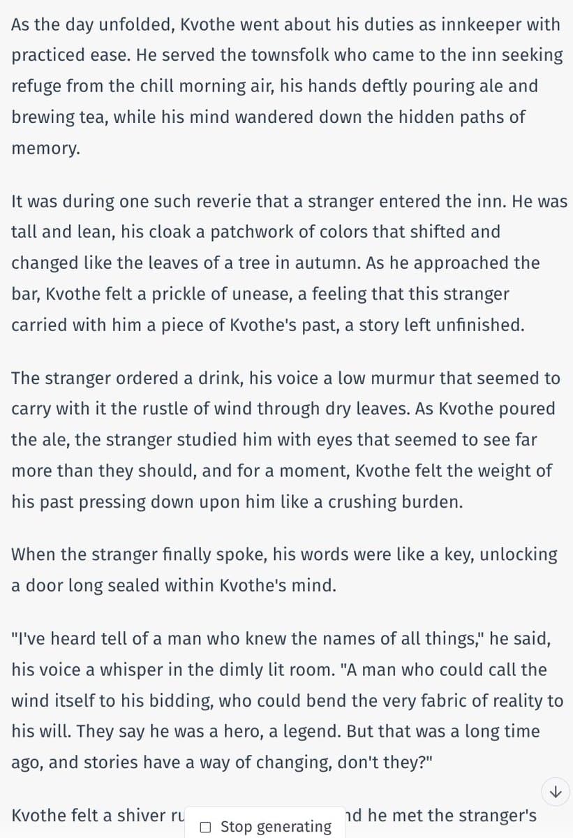 A screenshot of a text generation interface displaying a narrative passage about a character named Kvothe in an inn. The text is cut off at the bottom, where a 'Stop generating' button is visible, indicating the content is being produced by an AI model in real-time.