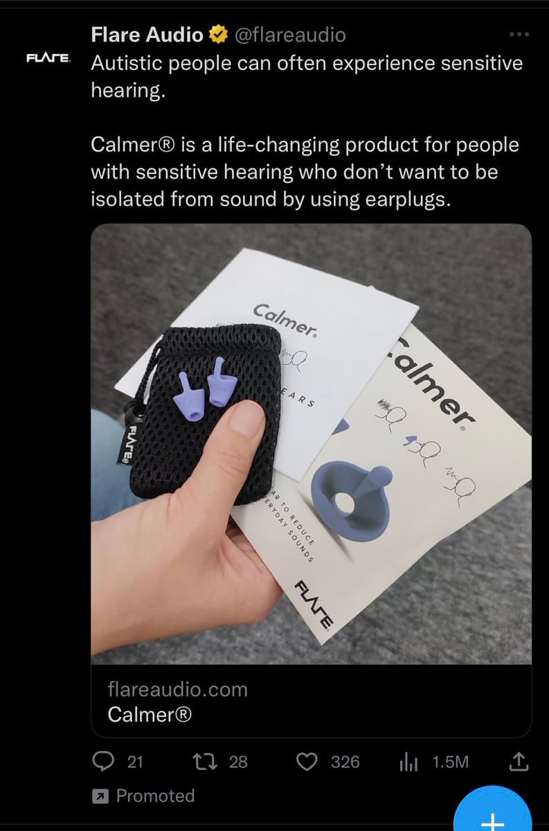 A screenshot of a promoted Twitter post from Flare Audio (@flareaudio) advertising their 'Calmer' product. The image shows a hand holding a black mesh pouch containing two purple ear devices, placed on top of product packaging. The post text explains that Calmer is for people with sensitive hearing who don't want to use earplugs.