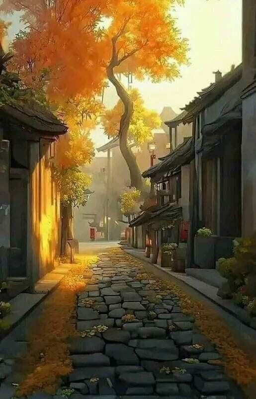 A digital painting of a traditional East Asian alleyway lined with stone-paved paths and buildings, featuring a large tree with vibrant orange autumn leaves.
