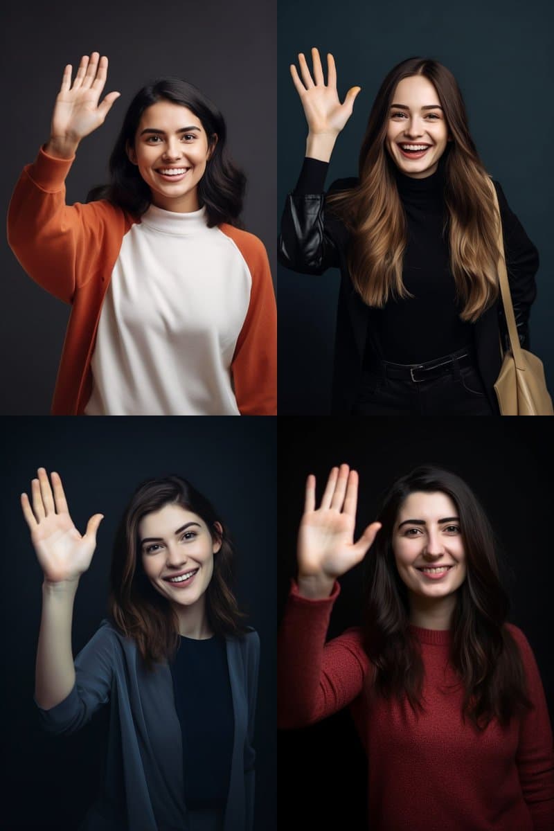 A four-panel grid of AI-generated portraits, each showing a smiling woman with dark hair raising her right hand to display five fingers. The images are set against dark backgrounds and feature different clothing styles, including an orange cardigan, a black turtleneck, a blue cardigan, and a red sweater.