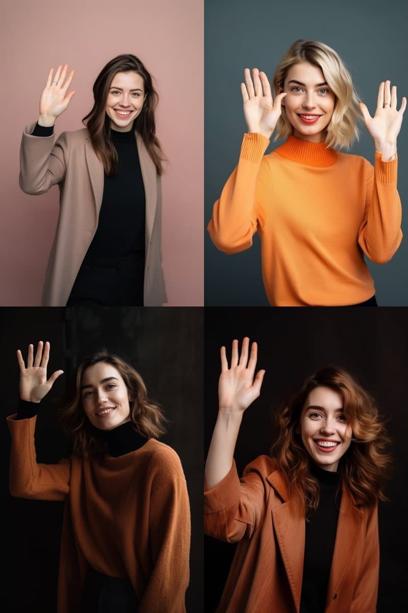 A four-panel grid of AI-generated portraits, each showing a smiling woman holding up her hand to display five fingers, demonstrating Midjourney v5's ability to render hands correctly. The images feature different women in various outfits and settings, all with clearly defined five-fingered hands.