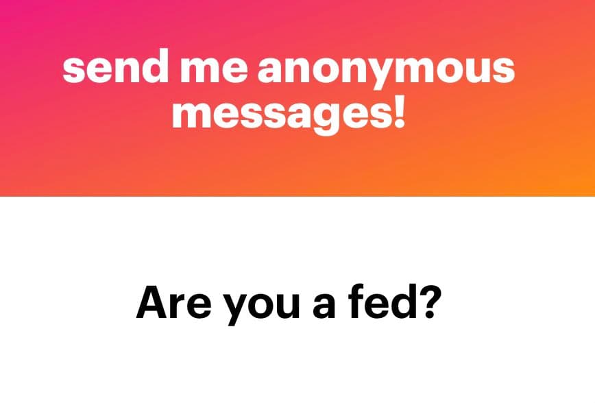 A text-based graphic with a pink-to-orange gradient top section and a white bottom section. The top section contains white text reading "send me anonymous messages!" and the bottom section contains black text reading "Are you a fed?".