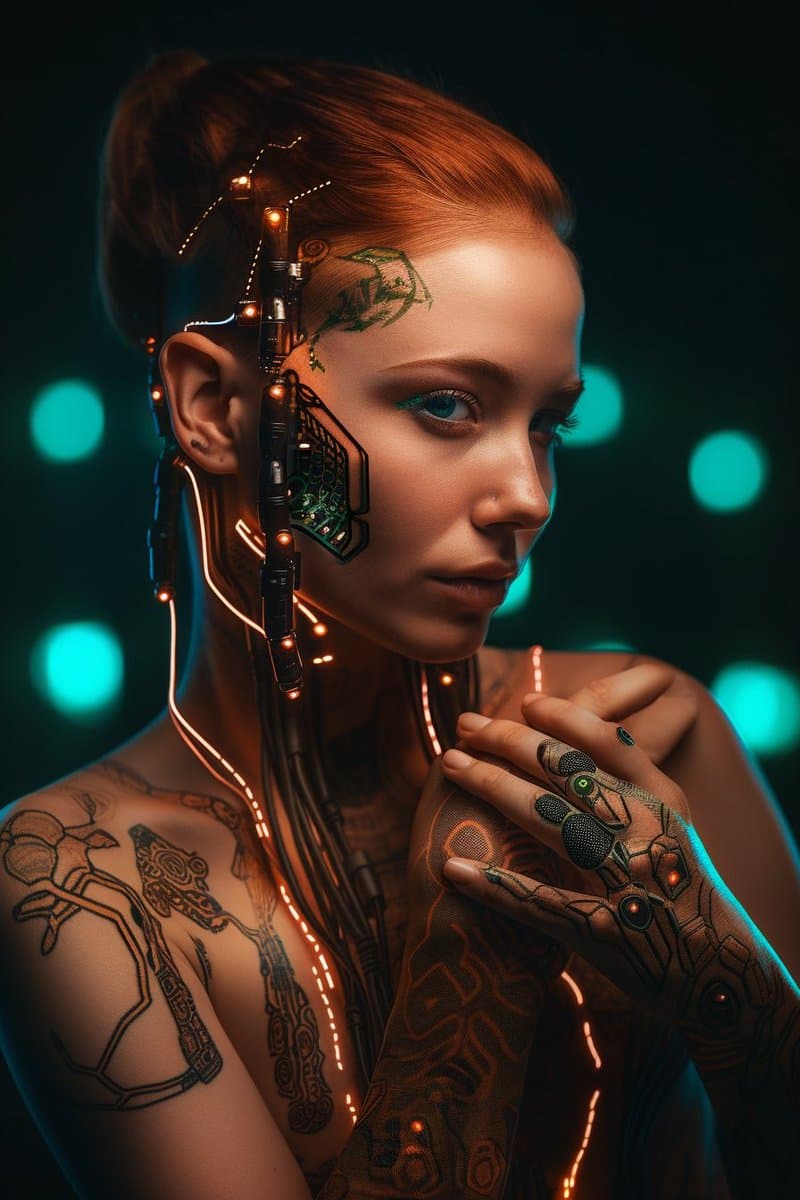 A digital portrait of a woman with red hair in a cyberpunk style, featuring intricate circuit-like tattoos and glowing electronic implants on her head and body against a dark background with teal bokeh lights.