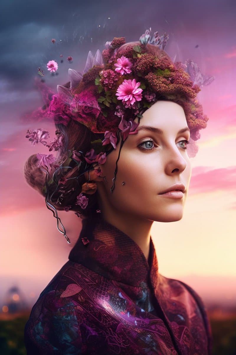 A digital art portrait of a woman with an elaborate headdress made of pink and purple flowers and vines, set against a sunset sky. The image appears to be a piece of AI-generated art, likely created with Midjourney v5 as suggested by the post context.