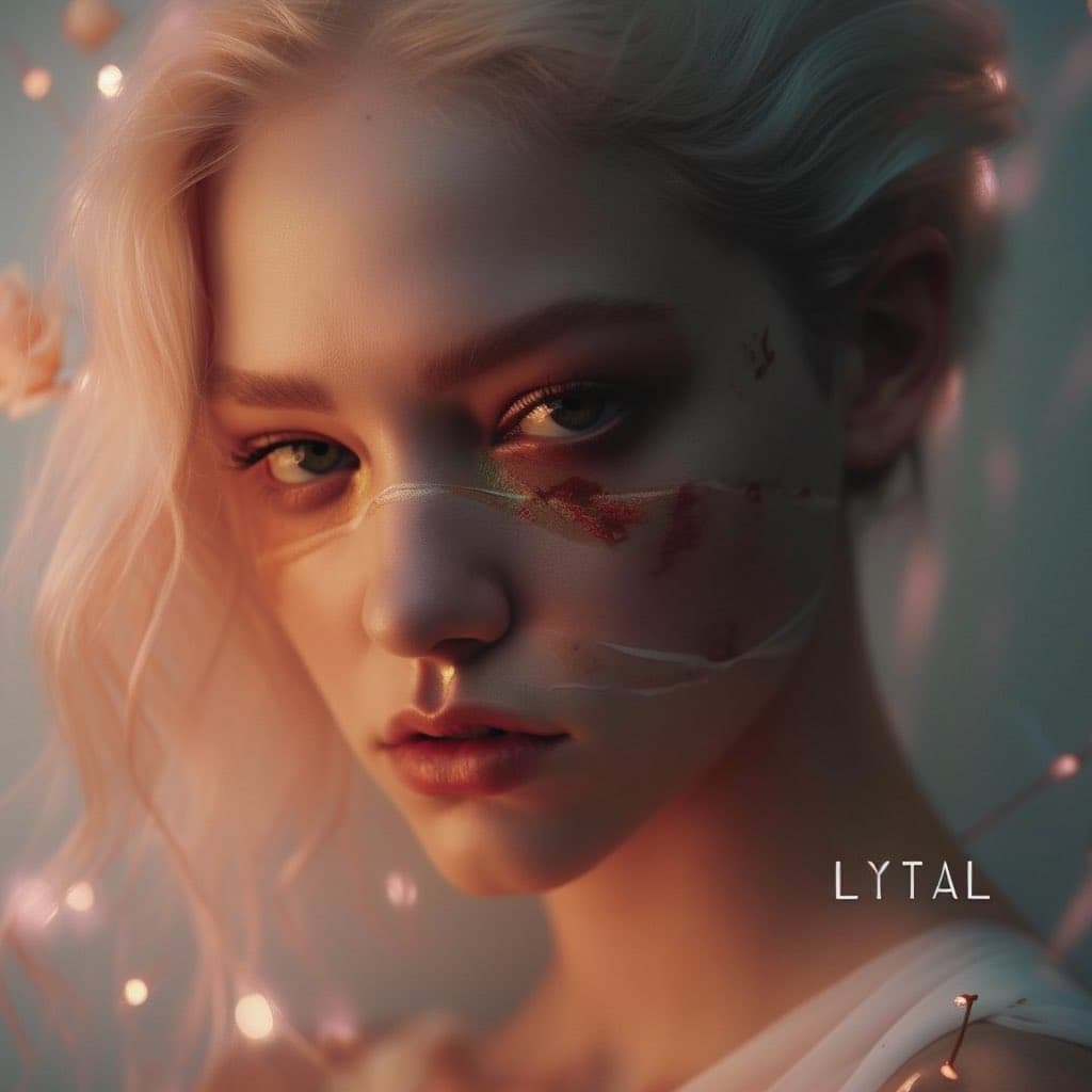 A close-up portrait of a person with light hair and artistic face paint, featuring a soft, ethereal lighting style. The image appears to be a digital artwork or AI-generated image.