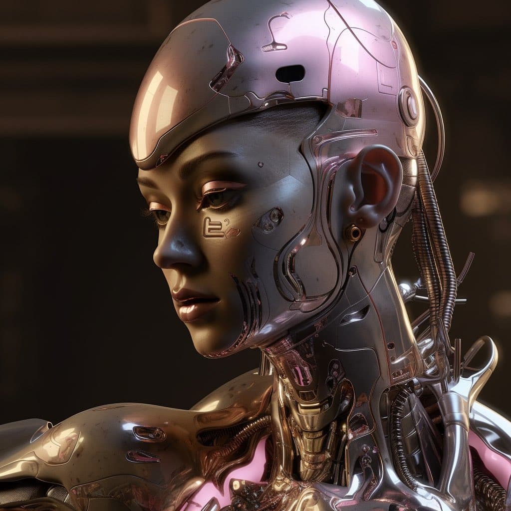 A close-up, photorealistic digital rendering of a humanoid robot with a metallic, chrome-like face and head. The image features intricate mechanical details, including visible wiring, panels, and a glossy finish, set against a dark, blurred background.