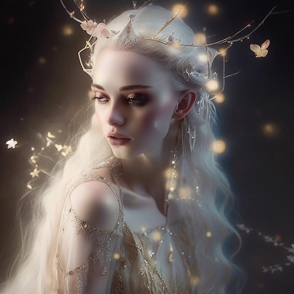 A digital fantasy portrait of a woman with long white hair, wearing an ornate crown of branches and flowers, surrounded by glowing particles and butterflies. She is dressed in a delicate, beaded gown against a dark background.