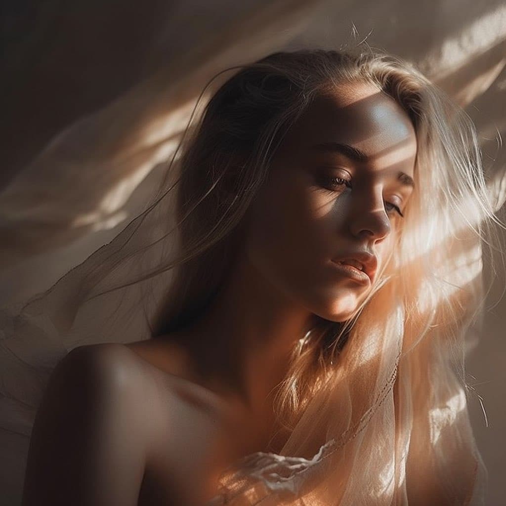 A portrait of a person with long, light-colored hair, illuminated by soft, warm light that creates a dramatic interplay of shadows and highlights on their face and shoulders. The image has a dreamy, ethereal quality with a shallow depth of field.