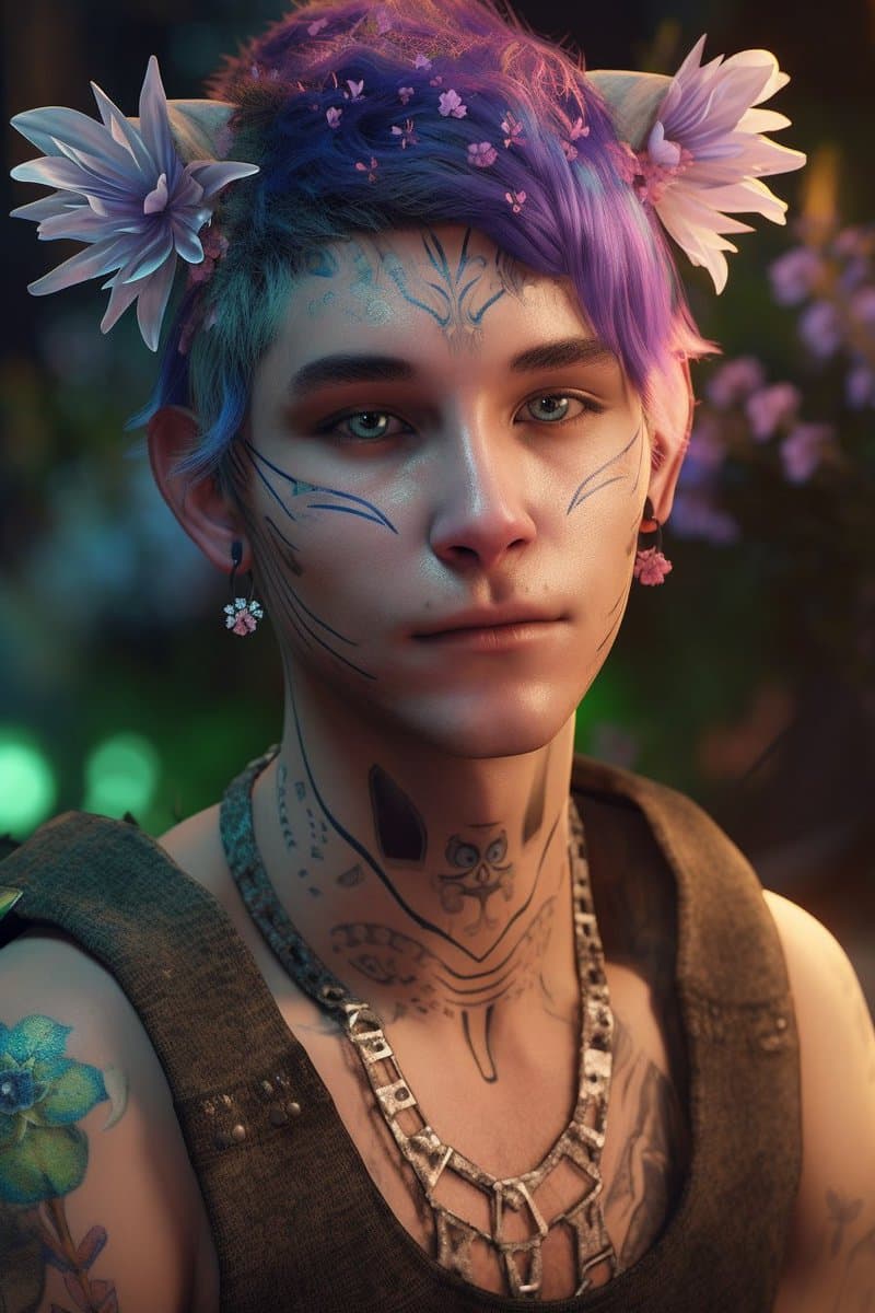 A digital illustration of a young person with short, multi-colored hair in shades of purple and blue, adorned with large white flowers and small pink blossoms. The subject has intricate blue and black markings on their face and neck, along with a tattoo of a blue flower on their shoulder, and wears a brown vest and a beaded necklace.