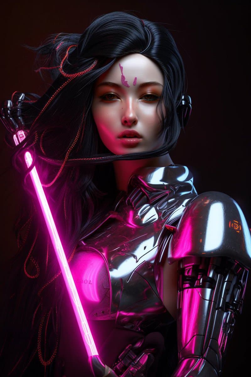 A digital illustration of a woman with long black hair and metallic, chrome-like armor holding a glowing pink lightsaber. She has a pink mark on her forehead and is set against a dark background with dramatic pink lighting.