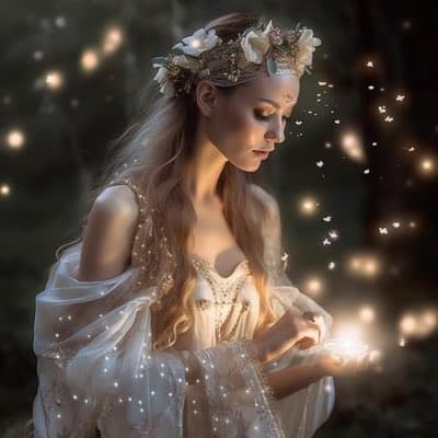 A fantasy-style digital illustration of a woman with long blonde hair wearing a floral crown and a white gown, holding a glowing light in her hands amidst a dark, magical forest setting.