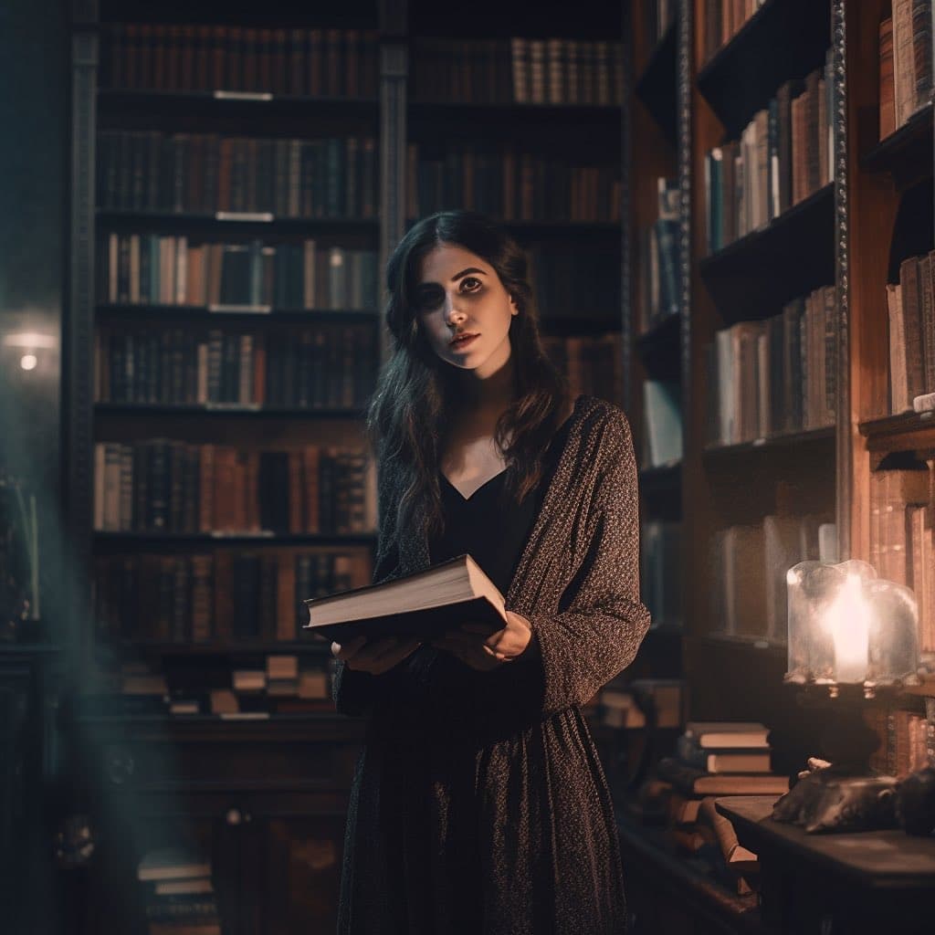 A woman with long dark hair stands in a dimly lit library, holding a thick book in her hands. She is surrounded by tall wooden bookshelves filled with old books, and a lit candle sits on a table to her right.