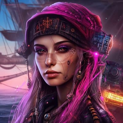 A digital illustration of a woman with pink hair and a red bandana, styled as a steampunk pirate with mechanical goggles and gears, set against a background of a ship and a sunset.