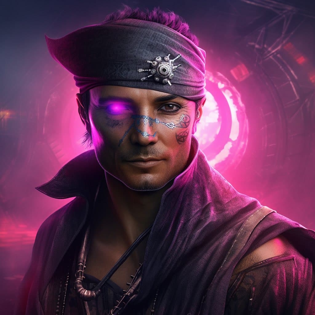 A digital illustration of a man with a glowing purple eye and intricate facial tattoos, wearing a headband with a mechanical emblem and a high-collared coat against a neon-lit, futuristic background.