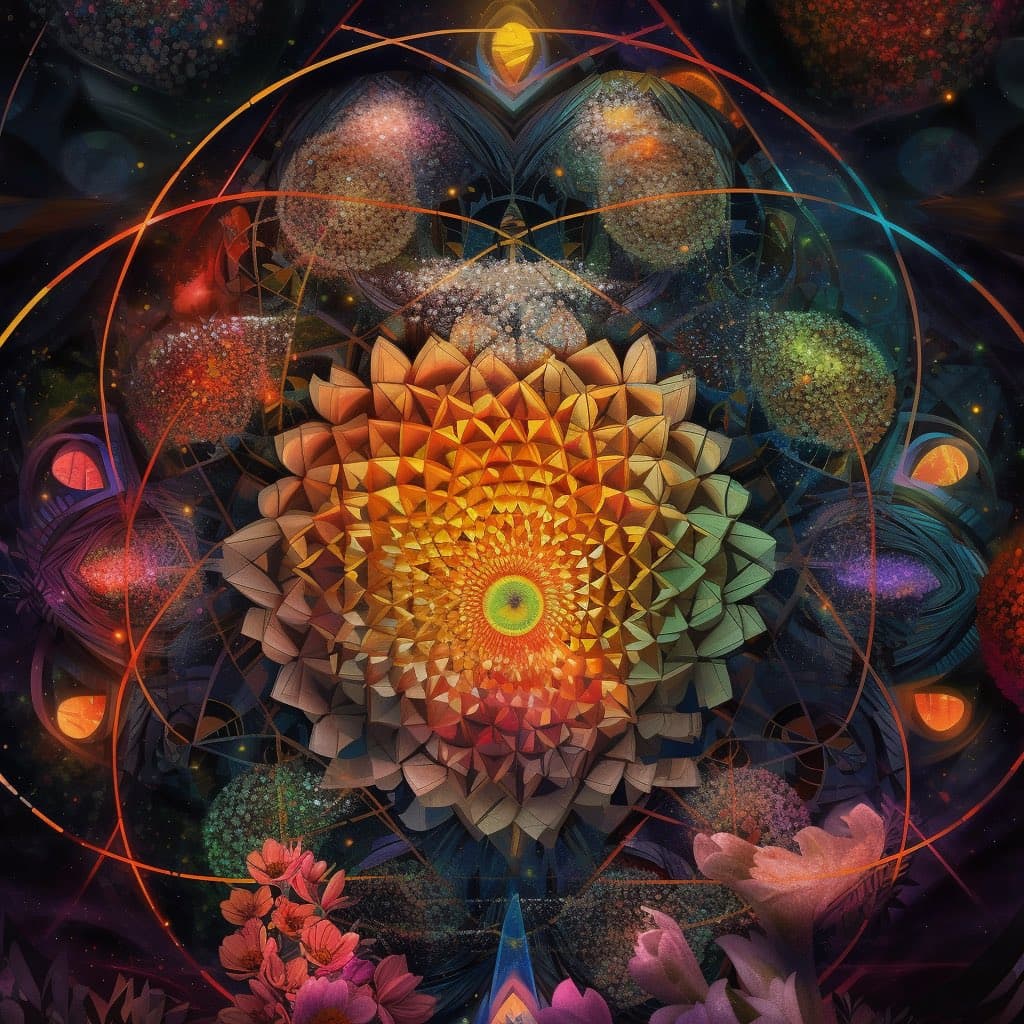 A vibrant, symmetrical digital artwork featuring a central, multi-layered geometric flower with golden and orange petals. The flower is surrounded by a dark, cosmic background containing colorful, spherical clusters, glowing orbs, and thin, intersecting orbital lines, with pink flowers at the bottom.