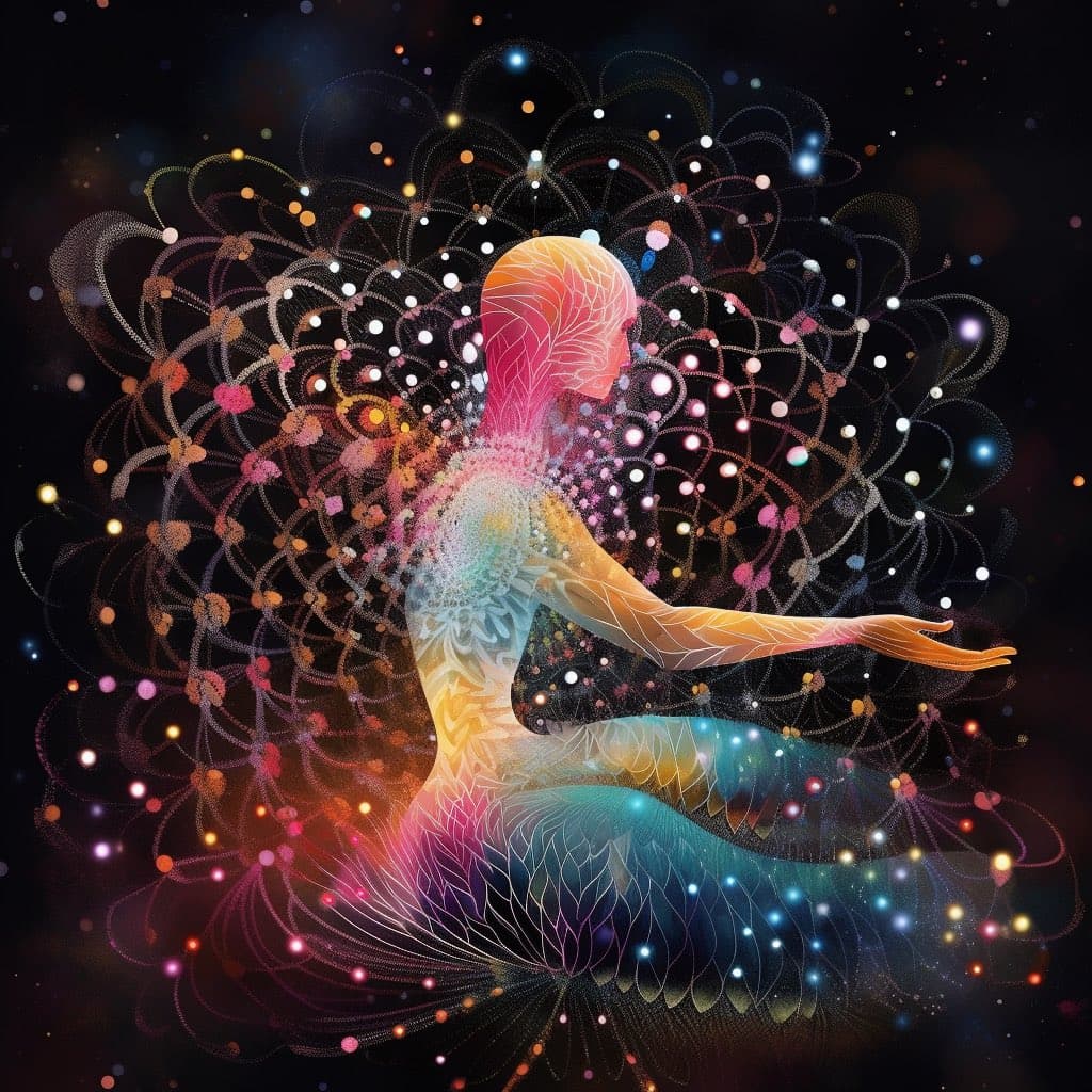 A digital artwork depicting a stylized, translucent human figure in a seated pose, composed of intricate, colorful fractal patterns and glowing dots against a dark background. The figure's body is rendered in vibrant hues of pink, orange, blue, and green, with a halo-like aura of swirling, dotted lines surrounding it.