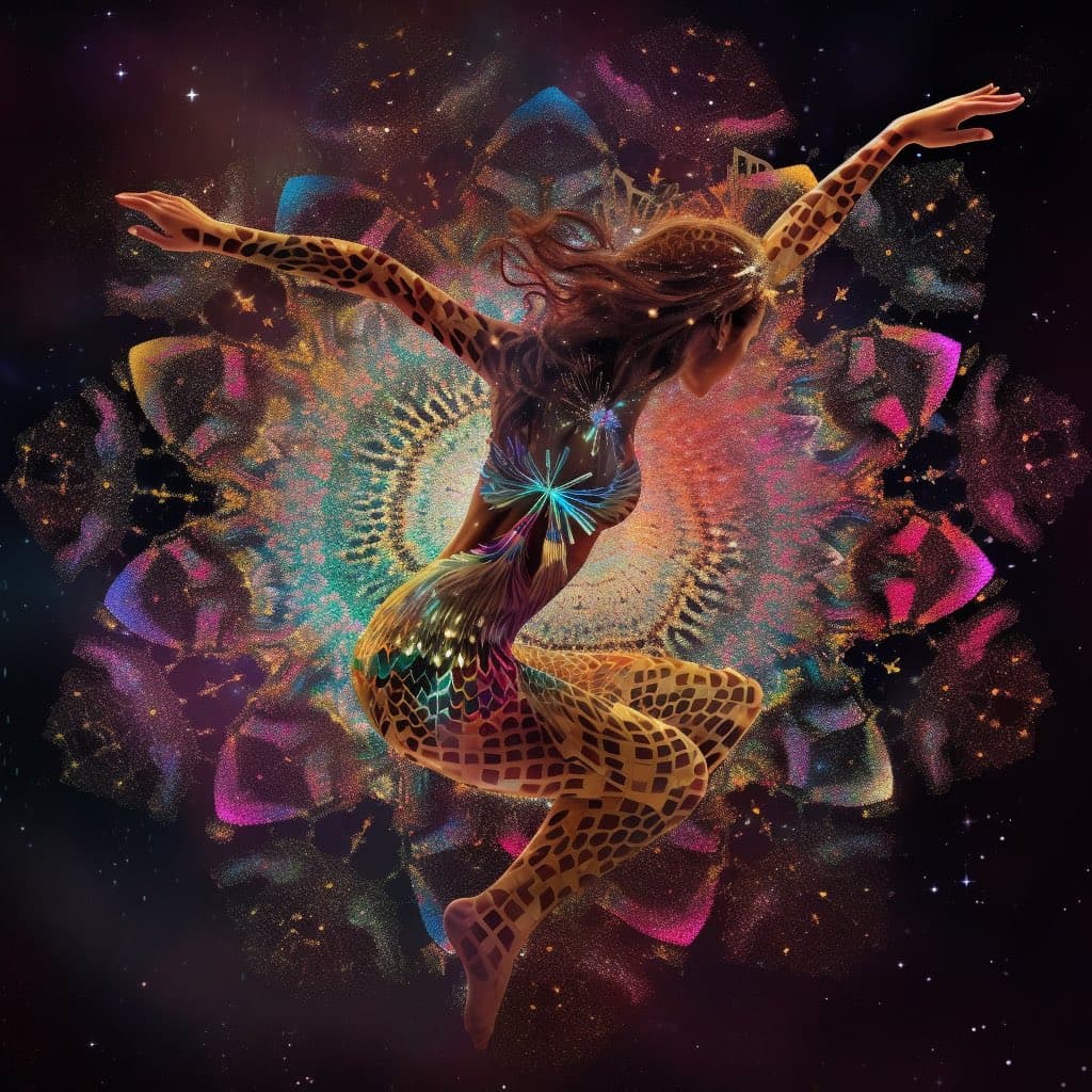 A digital artwork depicting a figure with a giraffe-patterned body dancing against a cosmic, star-filled background. The figure is surrounded by a vibrant, kaleidoscopic mandala of colorful, particle-like light.