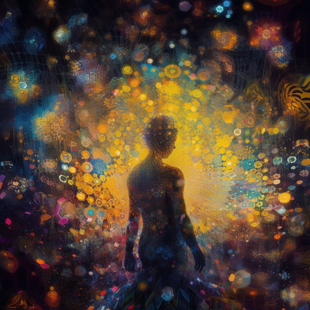 A digital artwork depicting the silhouette of a person standing in profile, surrounded by a vibrant, abstract explosion of colorful, glowing particles and geometric shapes against a dark background. The figure appears to be composed of or emerging from the luminous, multicolored dots that fill the space around them.