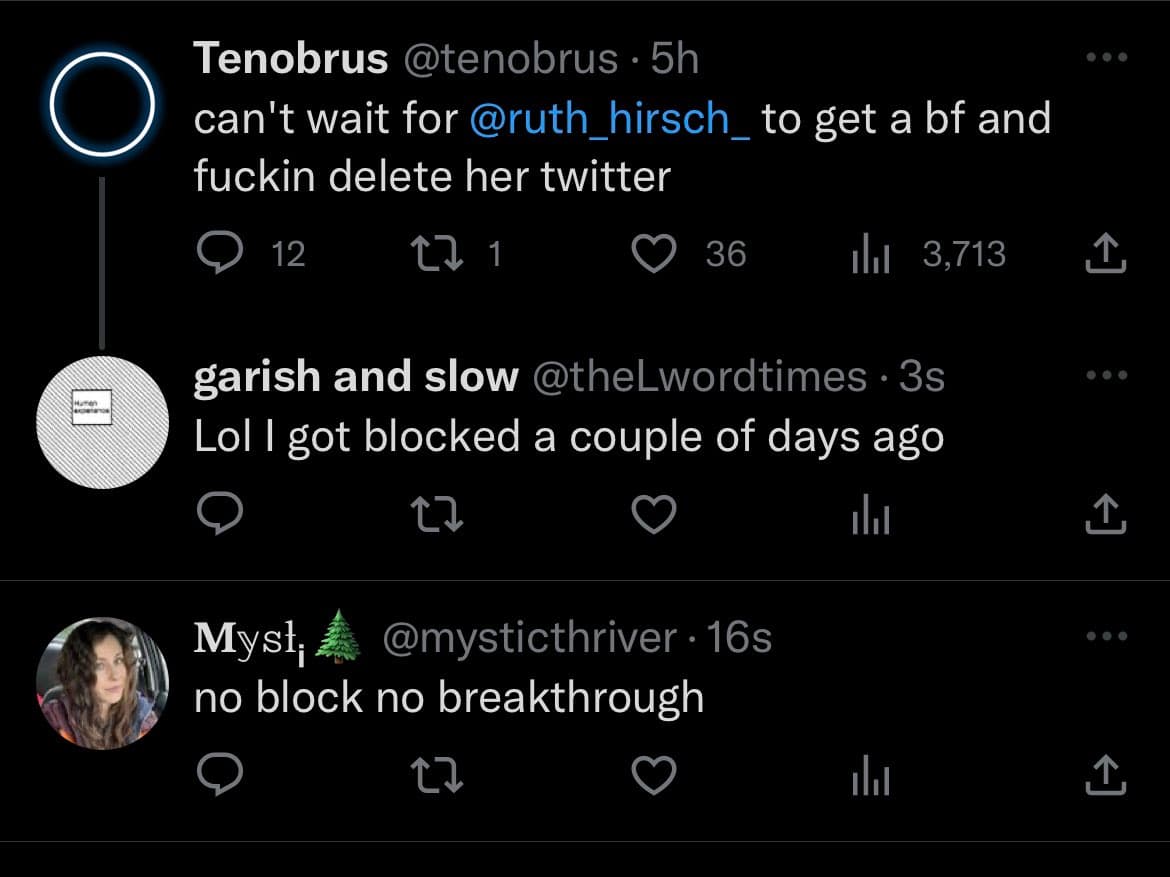 A screenshot of a Twitter conversation thread showing three posts. The top post is from user Tenobrus, the middle is a reply from garish and slow, and the bottom is a reply from Mysti. The conversation is a humorous exchange about being blocked on the platform.