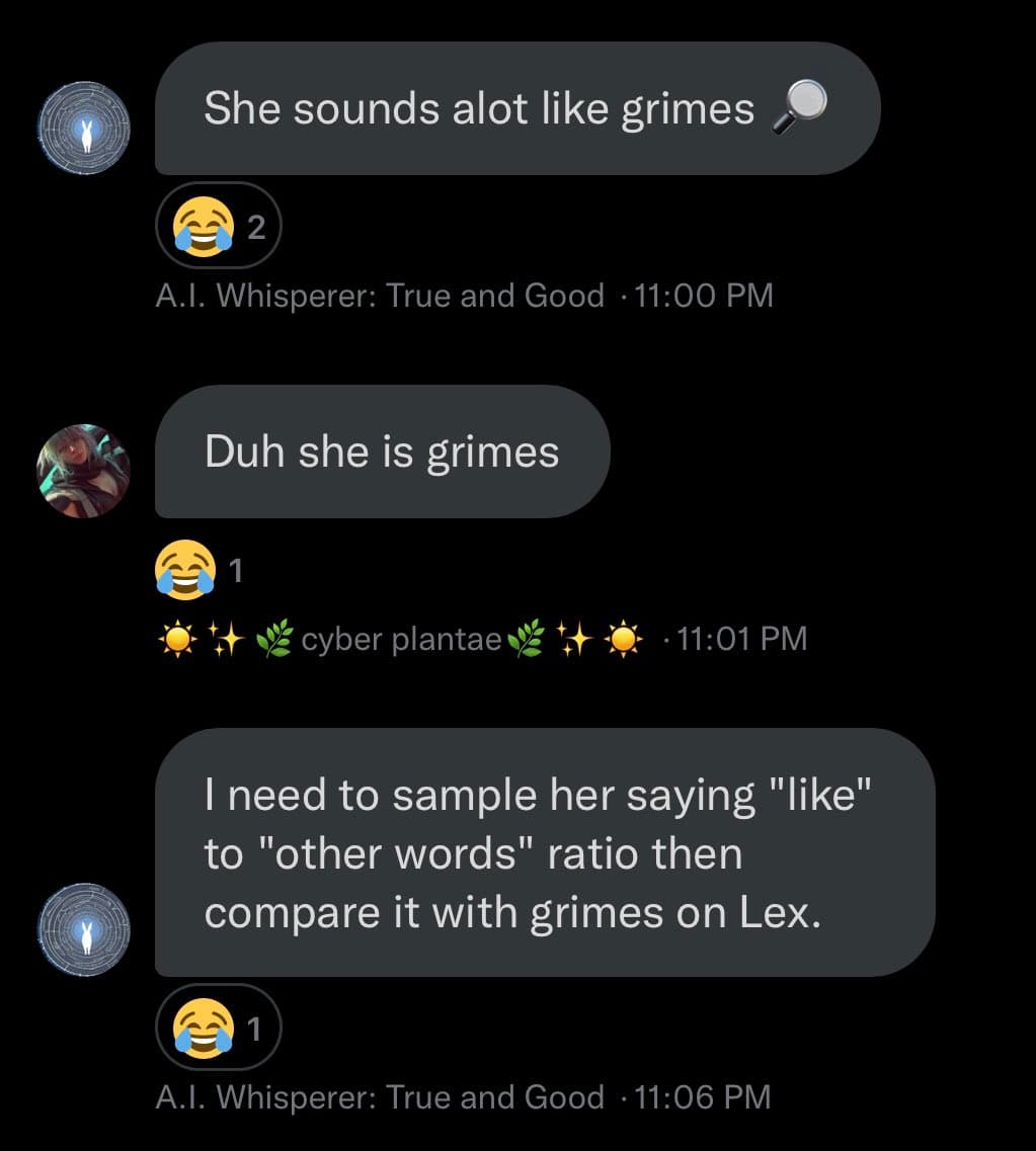 A screenshot of a Discord chat conversation between two users discussing a person's voice. The messages compare the person's speech to the musician Grimes, with one user proposing to analyze the frequency of the word "like" in her speech. The chat includes reaction emojis and timestamps.