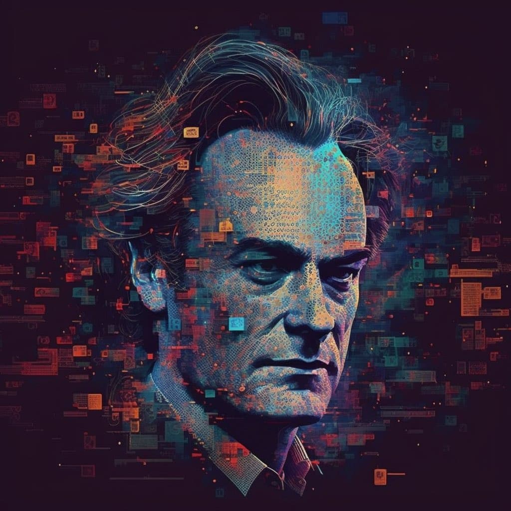 A digital art portrait of a man with a serious expression, rendered in a glitch-art style with pixelated textures and digital noise. The image features a dark background with scattered, abstract data-like patterns in blue and orange hues.